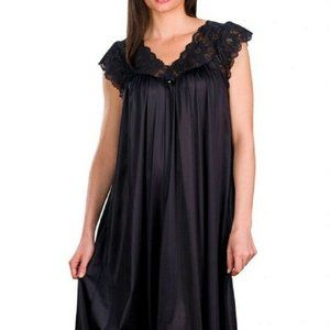 Shadowline Long Lace Cap Sleeve Nightgown BLACK - 32737